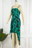 Green Sexy Print Patchwork Slit Spaghetti Strap Sling Dress Dresses