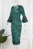 Green Elegant Print Patchwork V Neck One Step Skirt Dresses