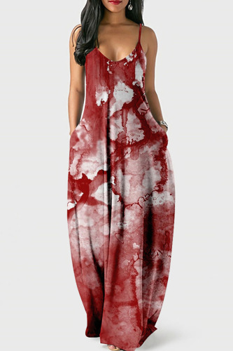 Brick Red Street Print Patchwork Spaghetti Strap Lantern Dress Dresses