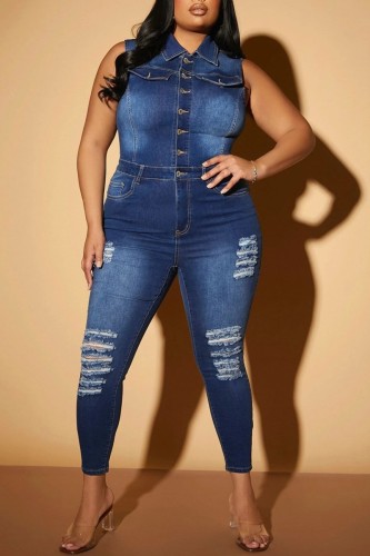 Blue Casual Solid Ripped Patchwork Turndown Collar Sleeveless Regular Denim Jumpsuits