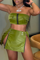 Army Green Sexy Solid Patchwork Slit Zipper Strapless Sleeveless Two Pieces