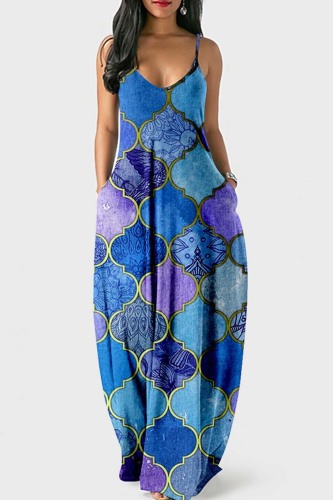 Blue Sexy Casual Print Backless Spaghetti Strap Long Dress Dresses