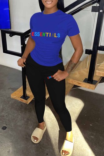 Blue Black Casual Print Letter O Neck Short Sleeve Two Pieces