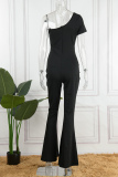 Black Casual Solid Patchwork See-through Backless Oblique Collar Regular Jumpsuits