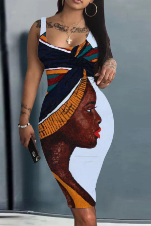 White Casual Street Print Patchwork U Neck Pencil Skirt Dresses