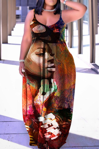 Coffee Sexy Casual Print Backless Spaghetti Strap Long Dress Dresses
