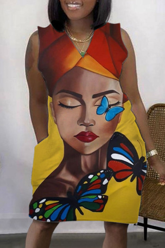 Red Yellow Casual Print Basic V Neck Sleeveless Dress Dresses