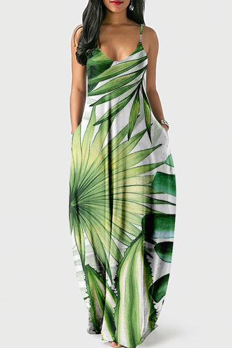 Light Green Sexy Casual Print Backless Spaghetti Strap Long Dress Dresses