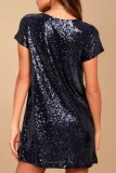Black Casual Solid Sequins Patchwork V Neck Short Sleeve Dress