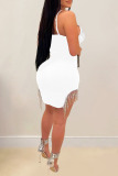 White Sexy Patchwork Hot Drilling Tassel Backless Spaghetti Strap Sleeveless Two Pieces