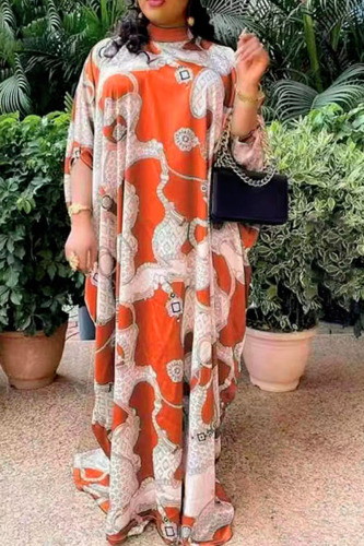 Orange Casual Print Patchwork Half A Turtleneck Long Dress Dresses