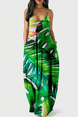 Green Sexy Casual Print Backless Spaghetti Strap Long Dress Dresses