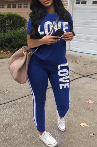 Blue Casual Letter Print Basic O Neck Short Sleeve Two Pieces