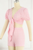 Pink Sexy Solid Bandage Patchwork V Neck Short Sleeve Two Pieces