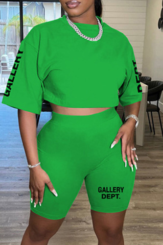 Green Casual Letter Print Basic O Neck Half Sleeve Two Pieces