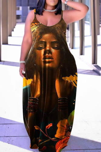 Brown Sexy Casual Print Backless Spaghetti Strap Long Dress Dresses