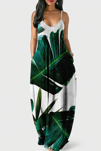 Dark Green Sexy Casual Print Backless Spaghetti Strap Long Dress Dresses