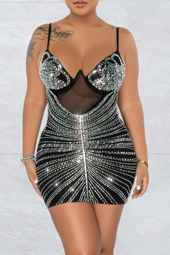 Black Sexy Patchwork Hot Drilling See-through Backless Spaghetti Strap Sleeveless Dress Dresses