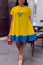 Yellow Casual Print Patchwork Letter O Neck Princess Dresses