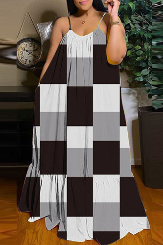 Black Gray Casual Street Print Patchwork Spaghetti Strap Sling Dress Dresses