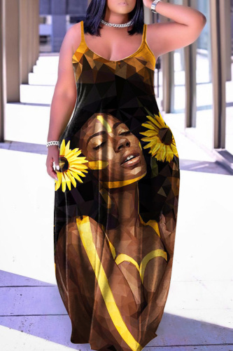 Yellow Sexy Casual Print Backless Spaghetti Strap Long Dress Dresses