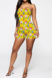 Yellow Sexy Casual Cartoon Print Backless Strapless Skinny Romper