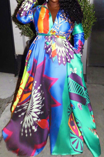 Colorful Blue Vintage Elegant Print Patchwork Mandarin Collar A Line Dresses