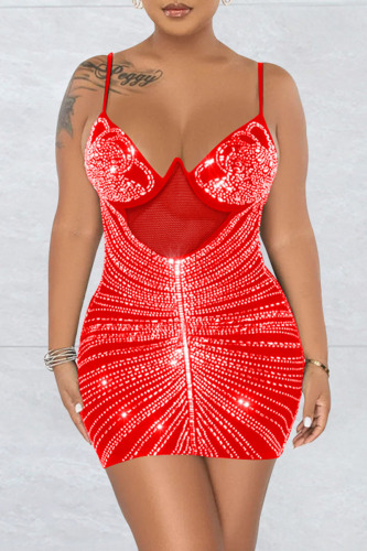 Red Sexy Patchwork Hot Drilling See-through Backless Spaghetti Strap Sleeveless Dress Dresses