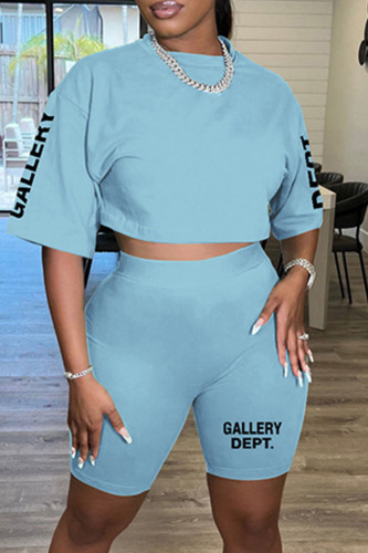 Sky Blue Casual Letter Print Basic O Neck Half Sleeve Two Pieces