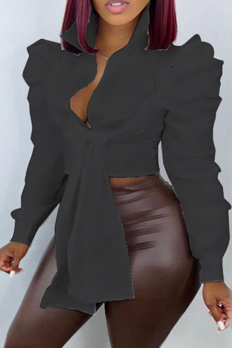 Black Fashion Casual Solid Bandage Turndown Collar Tops