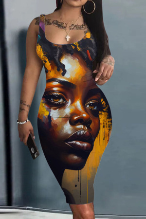 Black Brown Casual Street Print Patchwork U Neck Vest Dress Dresses