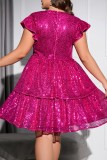 Rose Red Sexy Casual Patchwork Sequins V Neck Princess Plus Size Dresses