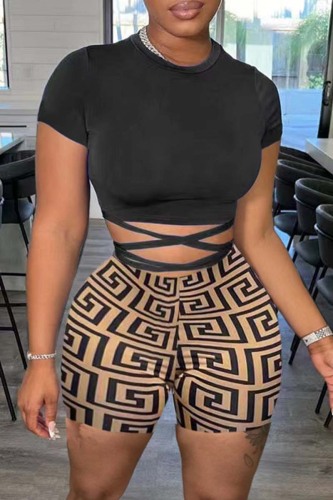 Khaki Casual Print Bandage O Neck Short Sleeve Two Pieces