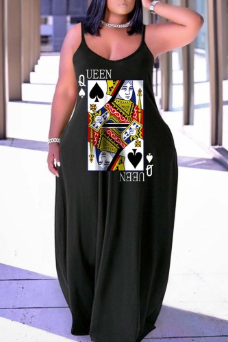 Black Sexy Casual Print Backless Spaghetti Strap Long Dress Dresses