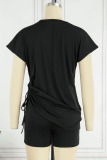 Black Casual Solid Patchwork Draw String O Neck Short Sleeve Two Pieces