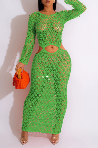 Green Sexy Solid Hollowed Out Patchwork Swimwears Cover Up