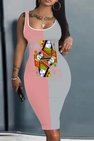 Pink Gray Casual Street Print Patchwork U Neck Pencil Skirt Dresses