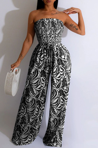Black Sexy Print Patchwork Fold Strapless Straight Jumpsuits