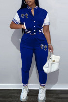 Blue Casual Solid Embroidered Patchwork Cardigan Collar Short Sleeve Two Pieces