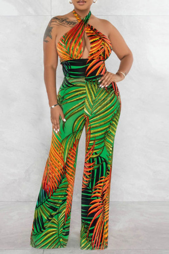 Green Sexy Print Patchwork Halter Straight Jumpsuits