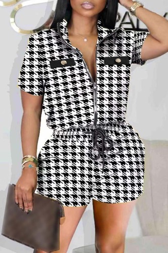 Black Casual Print Patchwork Zipper Collar Short Sleeve Two Pieces