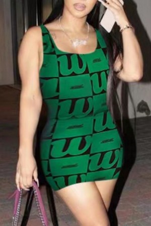 Green Sexy Casual Print Basic U Neck Vest Dress Dresses