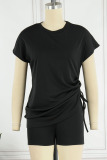 Black Casual Solid Patchwork Draw String O Neck Short Sleeve Two Pieces