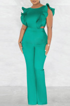 Green Sexy Solid Patchwork Flounce O Neck Straight Jumpsuits