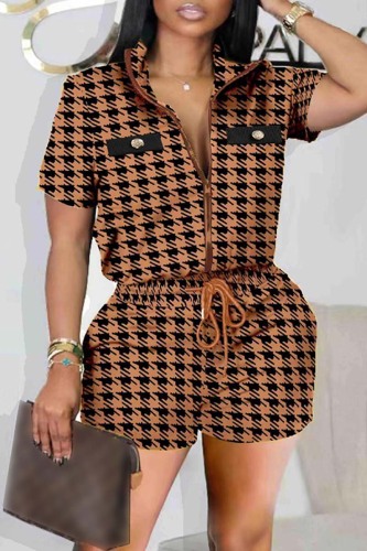 Khaki Casual Print Patchwork Zipper Collar Short Sleeve Two Pieces