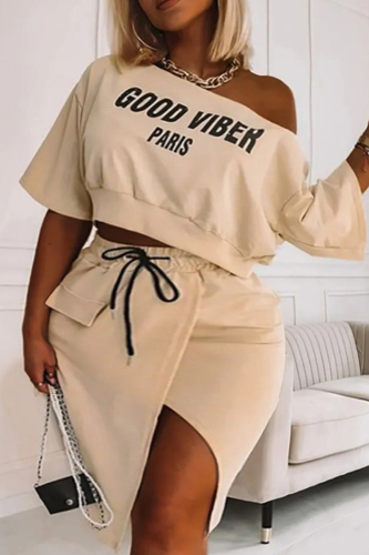 Plus Size Khaki Casual Letter Print Basic Oblique Collar Two Pieces