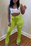 Fluorescent Green Casual Solid Patchwork Fold Skinny High Waist Conventional Solid Color Bottoms