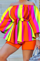 Orange Yellow Casual Print Patchwork Off the Shoulder Long Sleeve Two Pieces