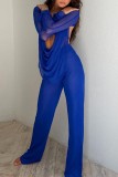 Blue Sexy Solid See-through Backless Halter Long Sleeve Three Piece Set
