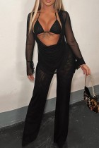 Black Sexy Solid See-through Backless Halter Long Sleeve Three Piece Set